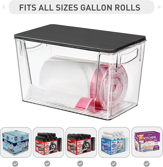 Pantry Organizers Storage, 2 Pack Under Sink Organizer Trash Bag Holder with Black Bamboo Lids Large Capacity Clear Storage Bins for Onion, Potato, Garlic, Canned Food Countertop Organizer