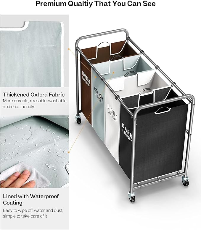 ROMOON Laundry Hamper Sorter Cart: 4-Section Organizer with Heavy-Duty Lockable Wheels and Removable Bags | 172L Rolling Laundry Basket for Dirty Clothes in Laundry Room or Small Spaces (Multicolor)