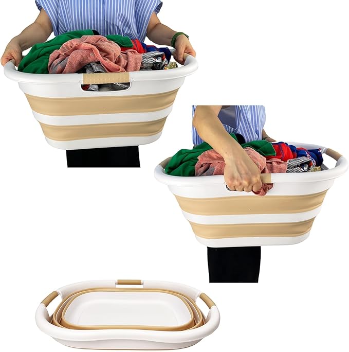 SAMMART 40L (10.5 gallon) Plastic Foldable Laundry Basket/Tub - Collapsible, Space Saving and Portable Laundry Hamper, Ideal for Home, Travel, Dorm, and Camping (1, White/Beige)
