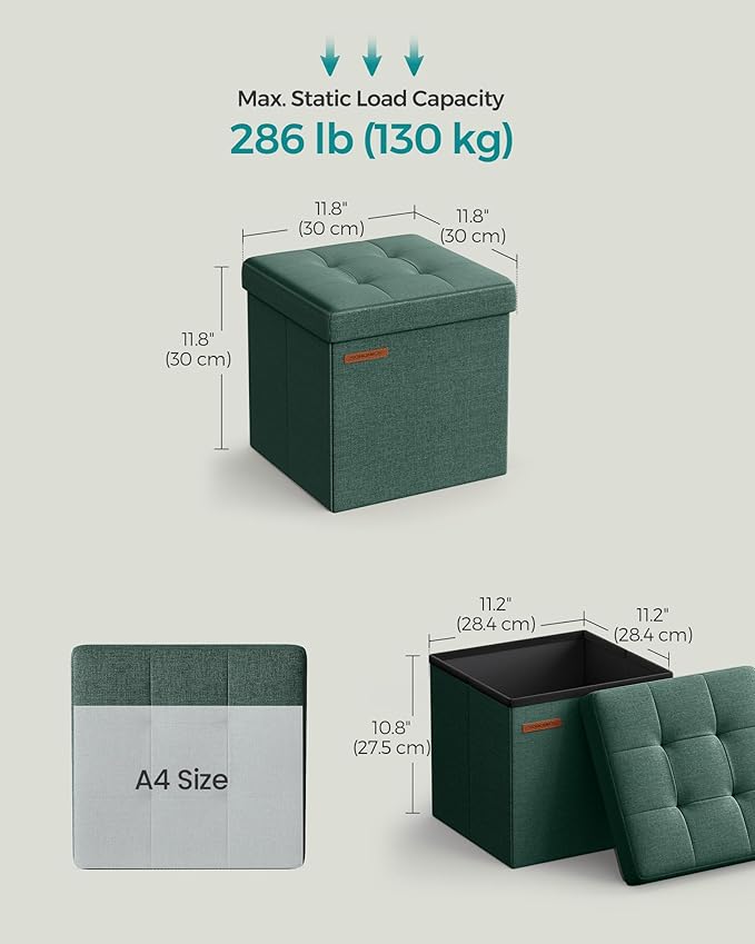 SONGMICS Foldable Small Ottoman Foot Rest, 11.8 Inches Foot Stool, Cube Ottoman with Storage, Load up to 286 lb, Retro Green ULSF028C01