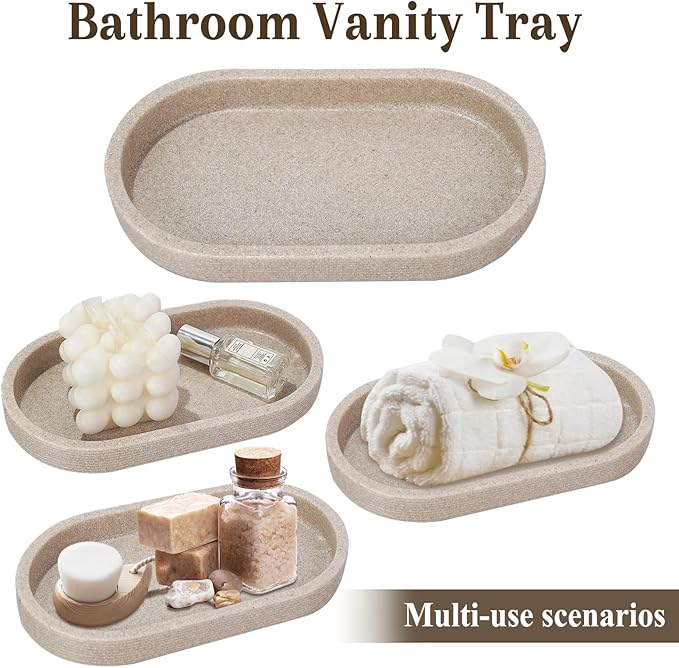 Haturi Beige Bathroom Accessories Set, 4 Pcs Stone Style Lotion Dispenser, Toothbrush Holder, Qtip Holder, Vanity Tray for Countertop Organization – Elegant Modern Neutral Bathroom Decor