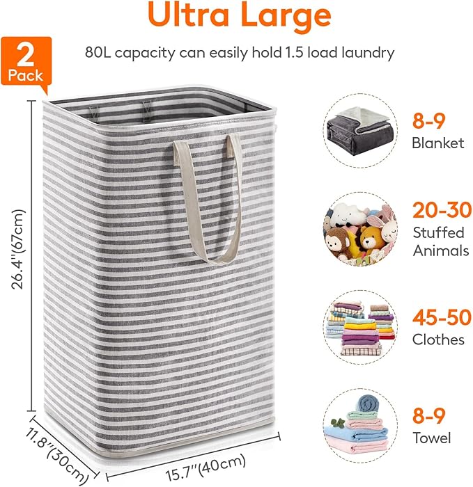 Lifewit 2 Pack Laundry Hamper Large Collapsible Laundry Baskets, Freestanding Waterproof Clothes Hamper with Easy Carry Handles in Laundry Room Bedroom Bathroom College Dorm, Black, 2 x 80L
