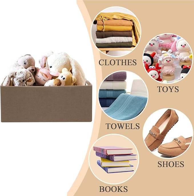 Foldable Fabric Storage Cubes, 2 Packs Cloth Storage Baskets with Wooden Handles, Collapsible Shelf Closet Organizer Bins, Rectangular Storage Boxes for Decor (Coffee Color)