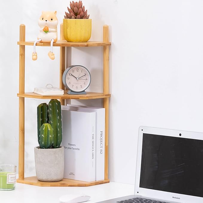 Expandable Bamboo Corner Shelf - Dish/Plate Organizer for Cabinet, Kitchen Counter Shelf & Small Kitchen Shelf, Adjustable (1, 3Tier-11.4" H)