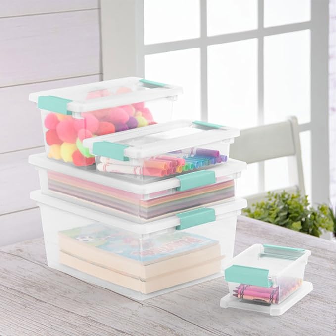 Sterilite Medium Clip Box Stackable Storage Bin with Latching Lid for Home, Office, School, Organize Paper, Notebooks, Crafts, Clear Lid, Base, 1-Pack