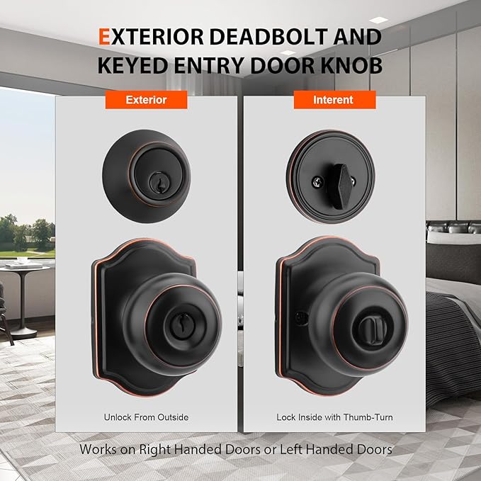 Haidms Exterior Deadbolt and Keyed Entry Bronze Door Knob Set, Keyed Entry-Different Front Door Knobs, Deadbolt Oil Rubbed Bronze Doorknob with Lock and Key(2 Pack)