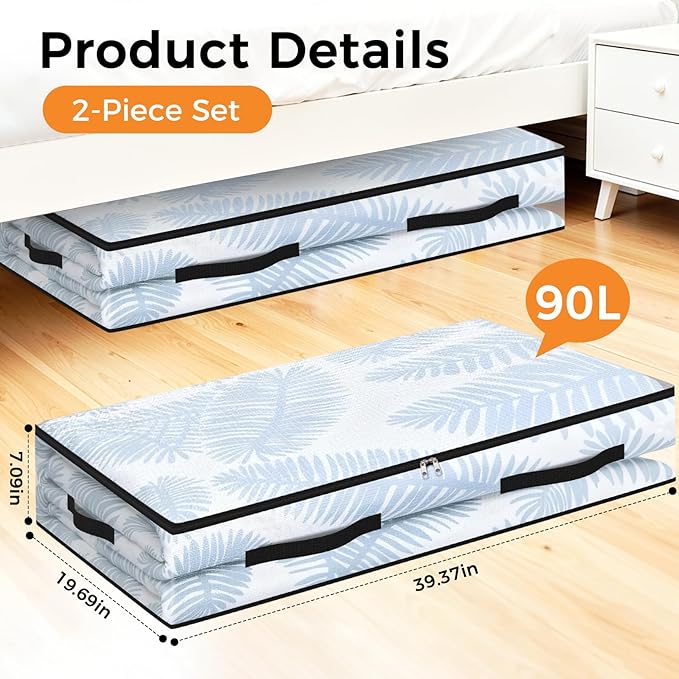 2 Pack Under Bed Storage Bags, 90L Foldable Clear Storage Containers with Handles, Dual Zippers for Comforter, Clothes, Bedding, Linen Sheets, Sweaters, Blanket Storage