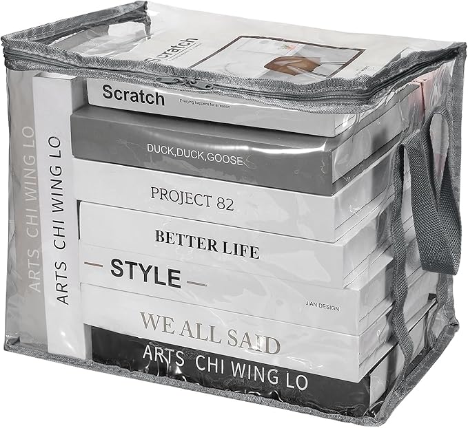 PATIKIL 15x9.5x12.6in Clear Storage Bags, Plastic Storage Bags Clear Small Zippered Organizers Foldable Closet Bed Sheet Organizer Cube with Zipper Handles for Book Clothes Yarn,L, Gray