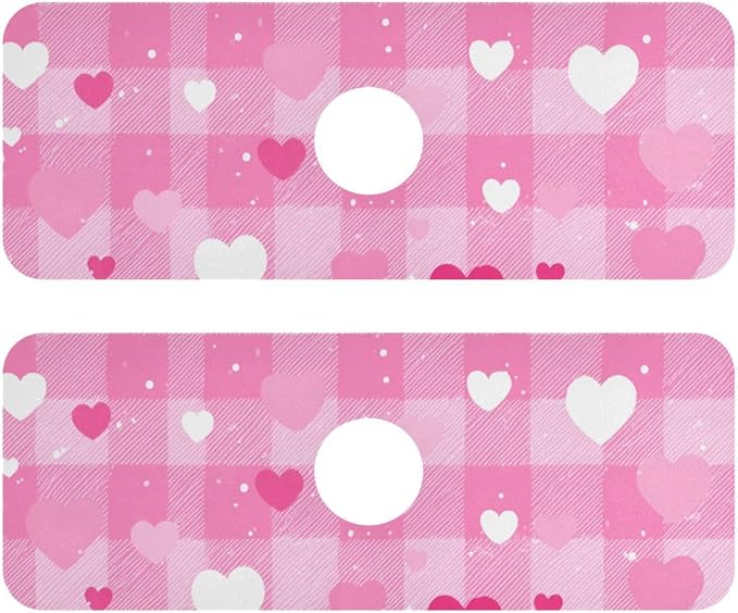 Kitchen Sink Splash Guard 2 PCS 14.7 Inch Sink Faucet Mat Splash Guard for Bathroom Countertop Water Absorbent Foldable Cuttable Soft Washable Plaid Checkered Pink White Hearts Dots