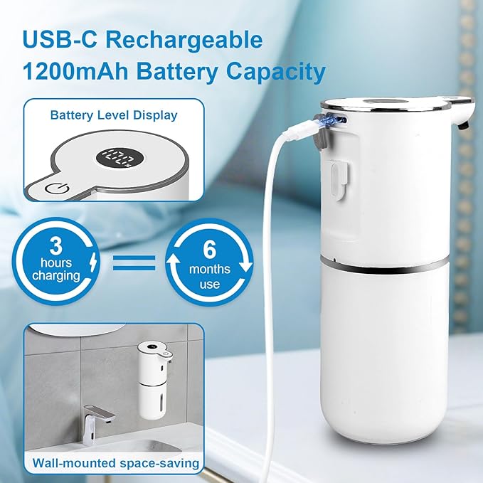2 Pack Automatic Liquid Soap Dispenser Touchless, USB Rechargeable Smart Hand Soap Dispenser, 6-Level Adjustable, 12.8oz/380mL Wall Mount for Bathroom Kitchen Dish Soap-White
