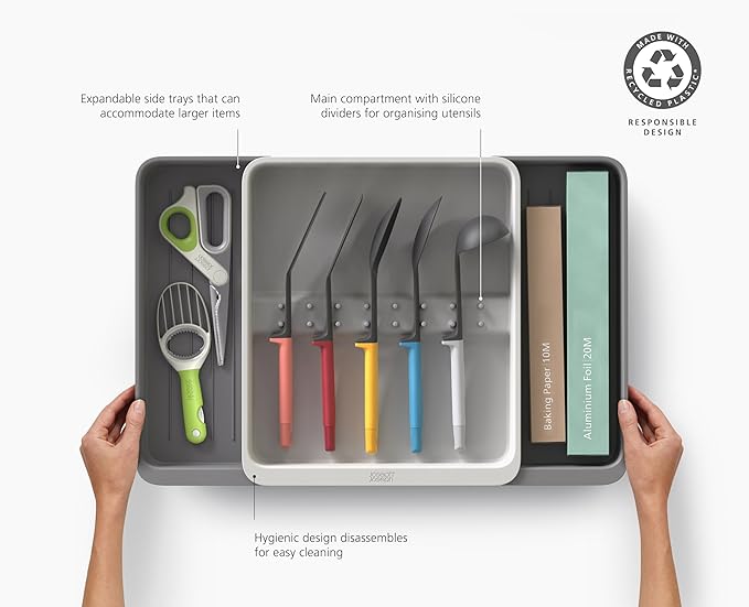 Joseph Joseph DrawerStore Expanding Utensil and Gadget Organizer, Expandable Tray for Kitchen Drawer, Recycled Plastic