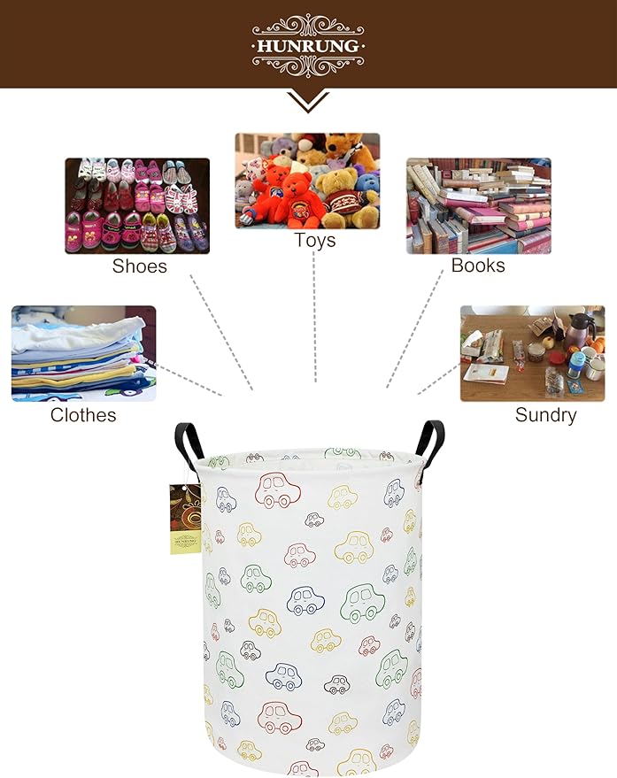 HUNRUNG Laundry Hamper,Large Canvas Fabric Lightweight Storage Basket Toy Organizer Dirty Clothes Collapsible Waterproof for College Dorms（Round-Car）