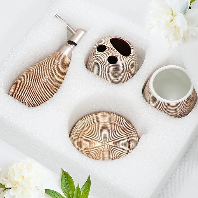 CERBIOR Bathroom Accessories Set,4 Pcs Ceramic Bathroom Decor Accessory,Includes Toothbrush Holder, Toothbrush Cup, Soap Dish for Decorative Countertop and Housewarming Gift(Brown 4pcs)