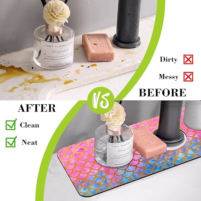 Sink Splash Guard Faucet Mat Watercolor Fish Scales Absorbent Fast Drying Mat Sink Gadgets Splash Guard Behind Faucet Drip Catcher for Kitchen Bathroom 15.5"X5.5"