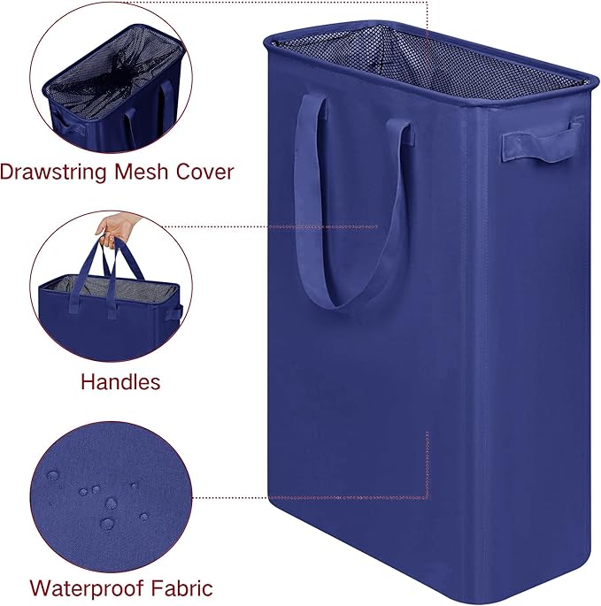 efluky Slim Laundry Basket, Narrow Laundry Hamper with Handles, Collapsible Dirty Clothes Hamper, Tall Laundry Bin for Laundry Room, Dorm and Bedroom, 12.7 Gallons(75L) Blue