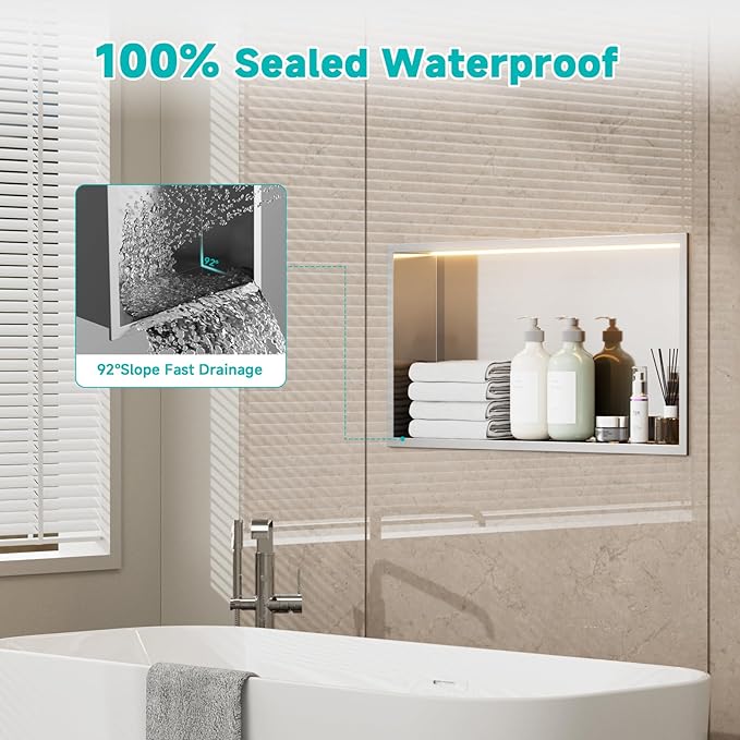 TSIBOMU Stainless Steel Shower Niche with LED Lights 12" x 24" Recessed Wall Niche, No Tile Needed Bathroom Storage Shelf (Brushed)