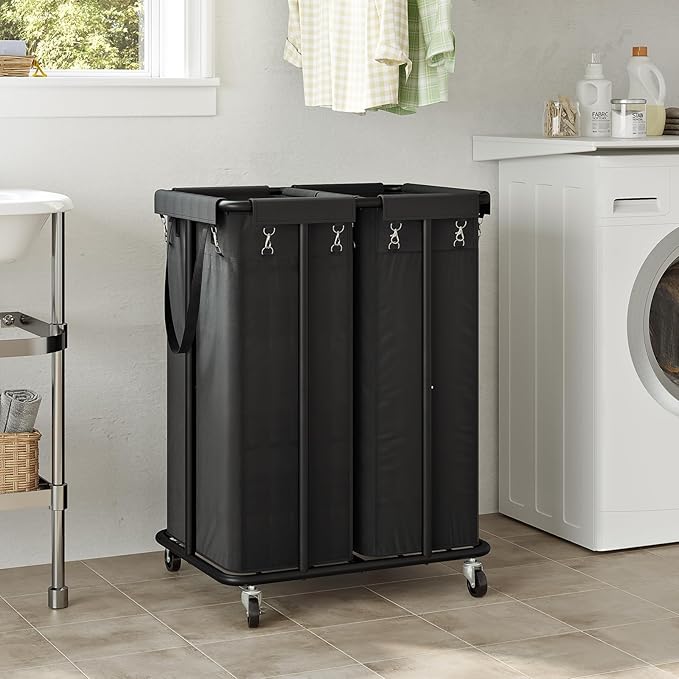WOWLIVE Double Laundry Hamper with Wheels 170L Rolling Laundry Basket Organizer Laundry Cart with Steel Frame and Removable Bags Large Dirty Clothes Hamper Dorm Room Storage for Bedroom (Black)