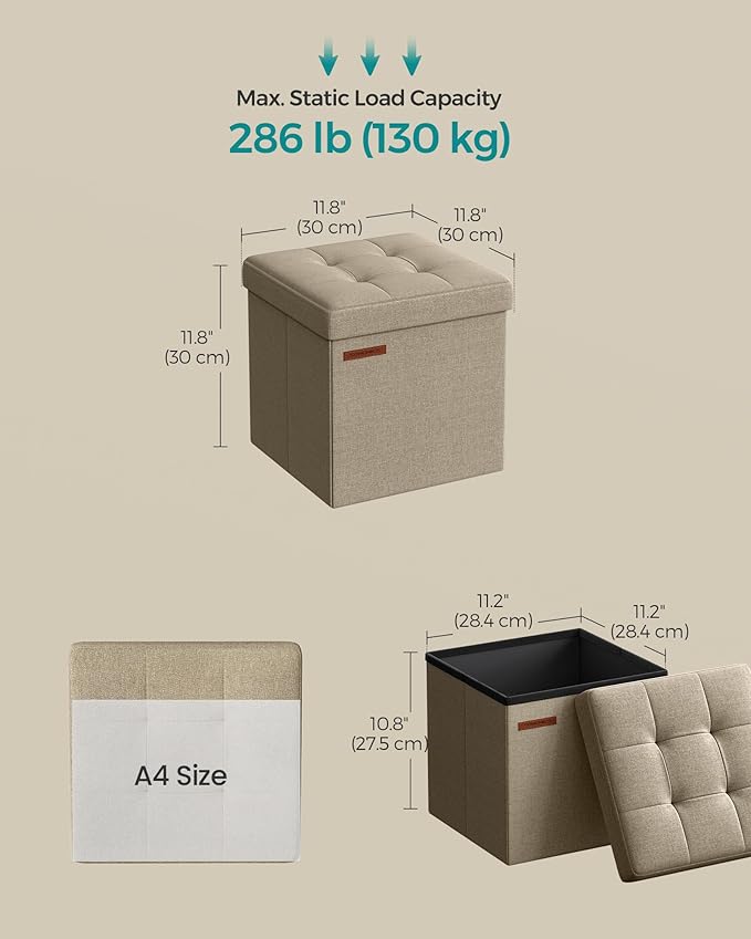 SONGMICS Storage Ottoman, Foldable Small Ottoman Foot Rest, 11.8 Inches Foot Stool, Cube Ottoman with Storage, Load up to 286 lb, for Living Room, Bedroom, Dorm, Camel Brown ULSF028K01