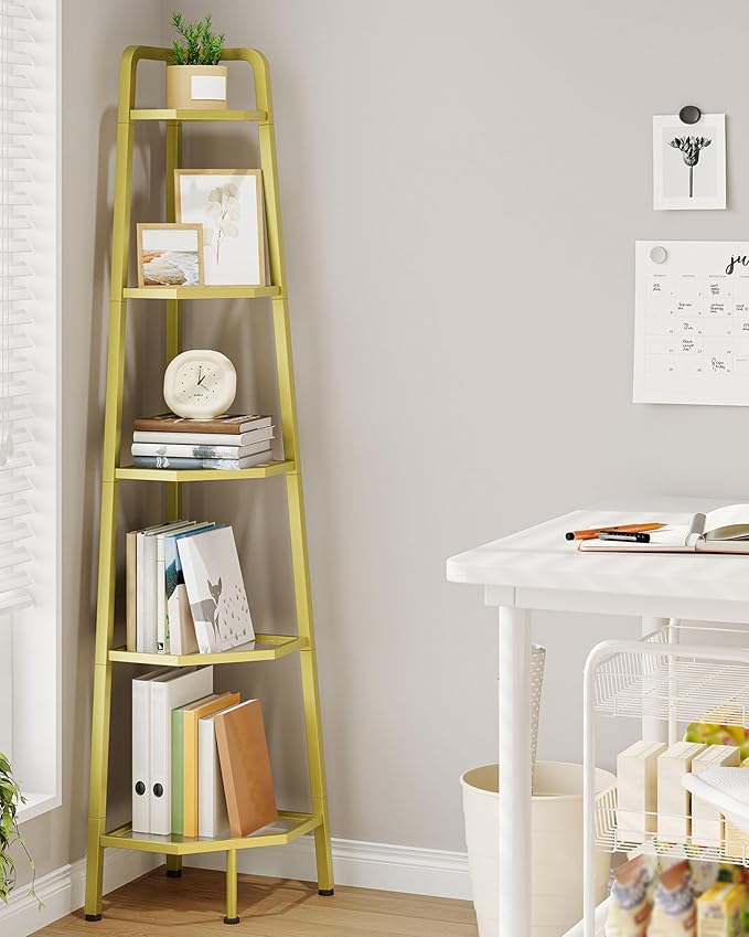 5-Tier Corner Shelf, 59.6” Corner Storage Stand, Floorstanding Dispaly Rack, Tempered Glass Corner Bookshelf, Open Plant Stand, for Living Room, Bedroom, Study, Bathroom, Gold TCJ21GJ