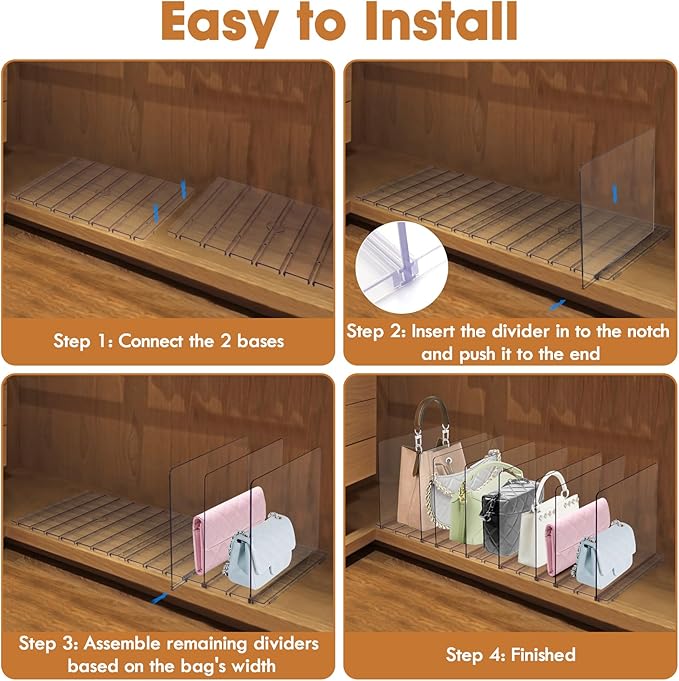 Acrylic Purse Organizer, Purse Storage Rack for Closet Organization, Clear Shelf Divider, Adjustable Clutch Bag Organizer Handbag Dividers Rack, Detachable Separators for Bedroom Bathroom Office