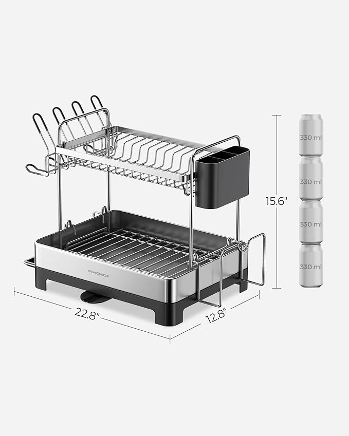 SONGMICS Dish Drying Rack - 2 Tier Dish Rack for Kitchen Counter with Rotatable and Extendable Drain Spout, Dish Drainer with Utensil, Cup, Glass, Cutting Board Holders, Black UKCS032B01
