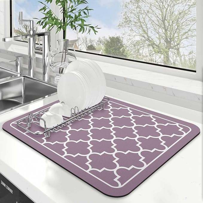 WISELIFE Dish Drying Mat Super Absorbent Drying Mat Large Dish Drying Mats for Kitchen Counter Easy Clean Dish Mat Kitchen Drying Mat15"x 18" Stylish Purple