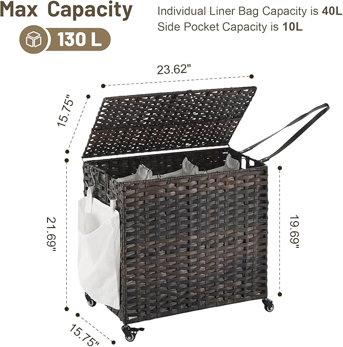 Laundry Hamper with Wheels, 34.3 Gallon(130L) Rolling Laundry Basket with Lid, 3-Section Rattan Clothes Hamper with 3 Removable Liner & 3 Mesh Bags, Laundry Sorter with Side Pocket, Brown