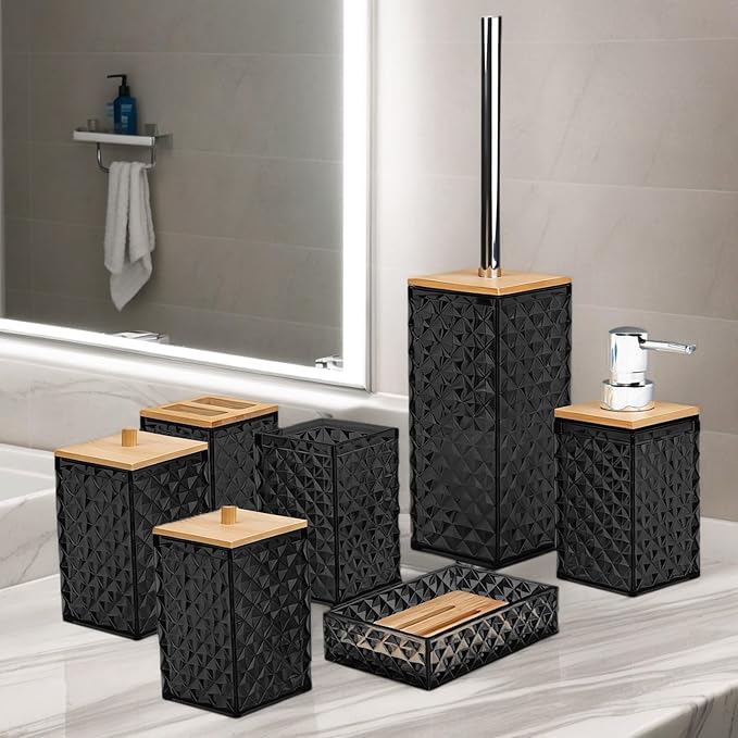 Bathroom Accessory Set,7 Pcs Black Bathroom Set Include Soap Dispenser, Qtip Holder Dispenser, Soap Dish,Toilet Brush,Toothbrush Holder & Mouthwash Cup.Boho Bathroom Set