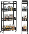 DGSNADGO Slim Rolling Storage Cart, 4-Tier Kitchen Cart on Wheels, Narrow Utility Cart with Handle and Wooden Tabletop for Small Space in Kitchen, Living Room, Bathroom, Laundry Room, Beige (Black)