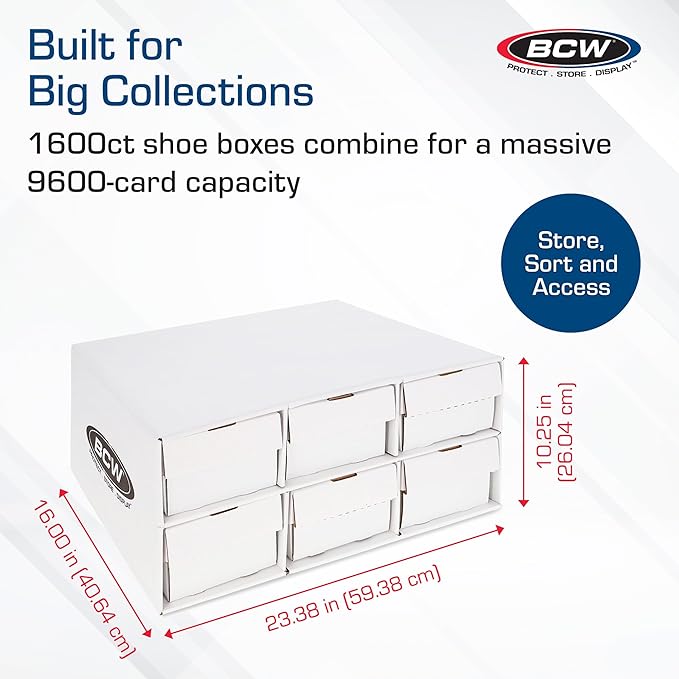 BCW 1600 Count Two Row Card House Storage Box with 6 Shoe Boxes | Holds 9600 Standard Trading Cards | Cardboard Storage House with Six 2 Row Card Storage Boxes