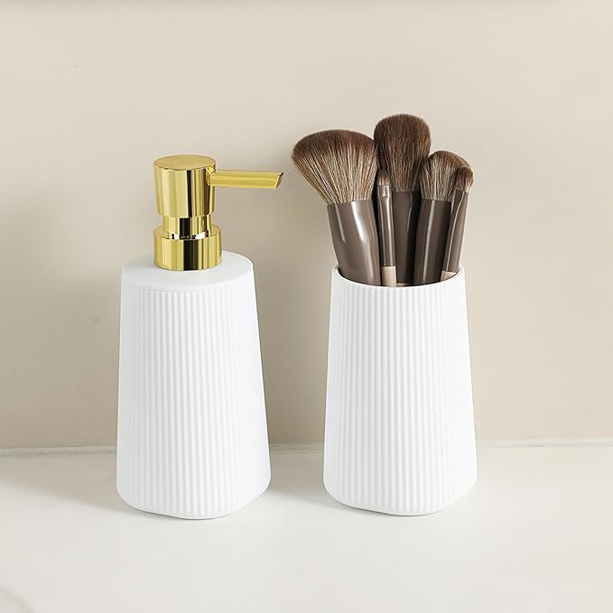 Bathroom Accessories 2 Piece Soap Dispenser and Toothbrush Holder Set Striped White and Gold