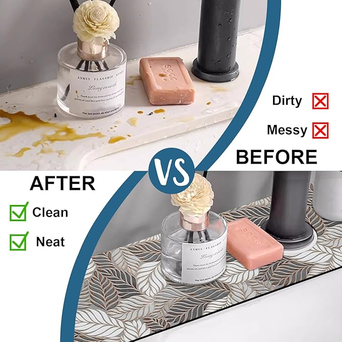 Embossed Leaf Texture Sink Faucet Absorbing Mat Grey Leaf Super Absorbent Fast Drying Mat Sink Gadgets Behind Faucet Sinkmat for Kitchen Bathroom, 23.5"x5.5"