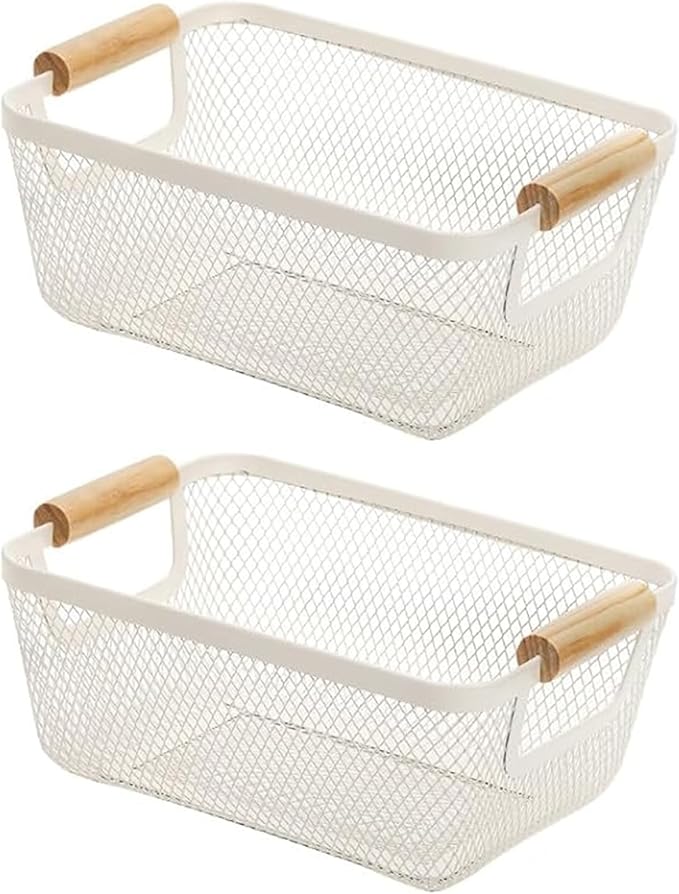 2Pack Metal Mesh Steel Basket, Small Wire Storage Organizer Basket Multi-function Hanging Kitchen Basket Fruit Basket with Wood Handle for Kitchen Picnic Cabinet Home Decor, Rectangle-Off White