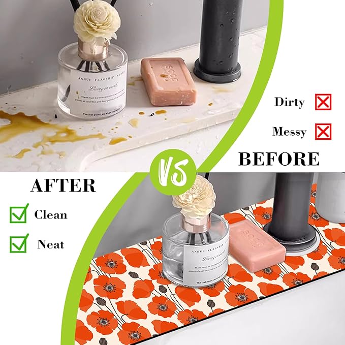 Sink Faucet Absorbing Mat Poppy Flowers Sink Splash Guard Drying Mat for Kitchen Bathroom Faucet Sinkmat 23.5"X5.5"