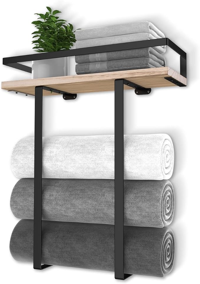 Towel Racks for Bathroom Wall Mounted, Metal Towel Holder with Wooden Shelf for Folding Large Towels, Towel Storage for Small Bathroom Organizer Decor or RV Camping