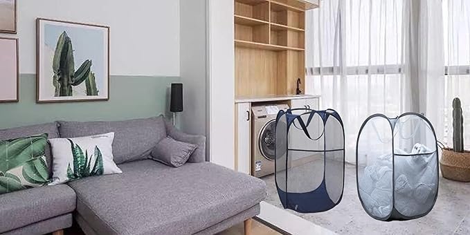 2 Pack Mesh Laundry Hampers, Pop Up Laundry Baskets, Collapsible Clothes Storage Bins for Bedroom, Dormitory, Apartment, Grey+ Navy Blue