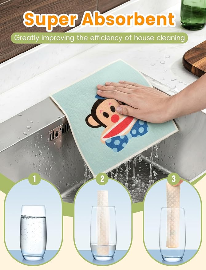 Paul Frank Swedish Dishcloths for Kitchen, 6 Pack Funny Swedish Dish Cloths Reusable Paper Towels, Super Absorbent Dish Cloths Washable Non-Scratch for Home Kitchen, Cellulose Sponge Cloths No Odor