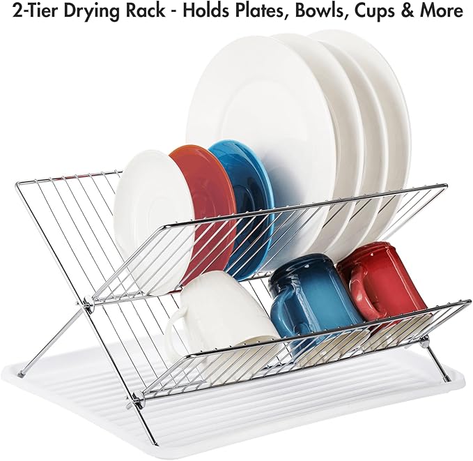 Youeon Foldable Dish Drying Rack with Drip Tray, Stainless Steel 2 Tier Dish Drainer Rack, Collapsible Dish Drainer, Folding Dish Rack for Kitchen Sink, Countertop, Cutlery, Plates, Dishes