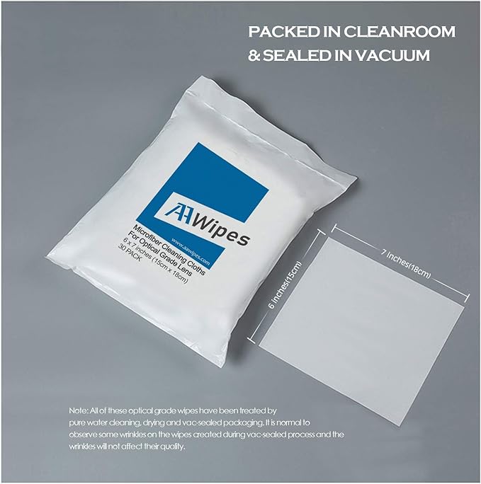 AAwipes Eyeglasses Cleaning Cloths Microfiber Lens Cleaning Cloths for Eyeglasses Optical Grade Lens, Wide Angle Lens, Telephoto Lens,Camera Lens, Microlens, Magnifier,SLR Camera Lens (6"x7", 30 Pack)