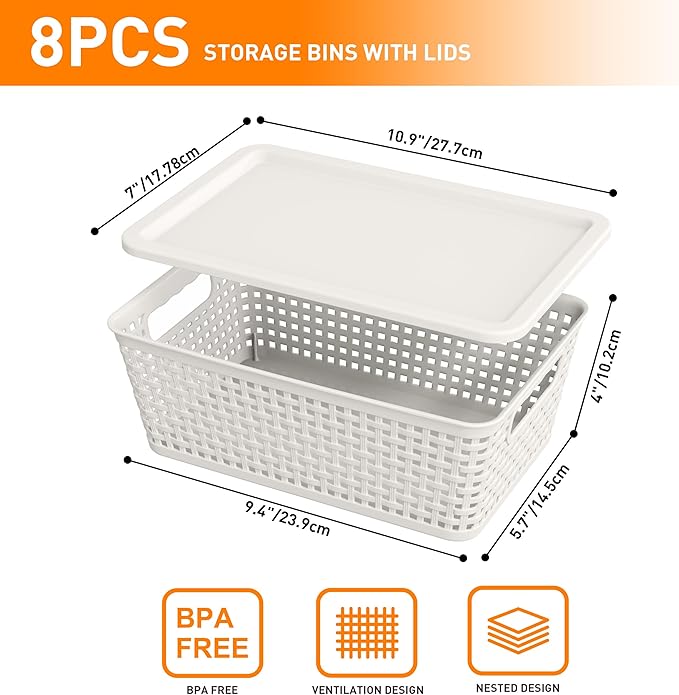 Plastic Storage Baskets With Lid, Storage Bins for Organizing, Stackable Decorative Containers for Shelves Drawers Desktop Closet Playroom Classroom Office, 8 Pack-White