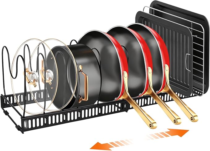 Pot and Pan Organizer Rack for Under-Cabinet Storage - Adjustable Kitchen Cabinet Organizer with 13 Dividers, Expandable Cutting Board Holder & 6 Non-Slip Silicone Pads-Black