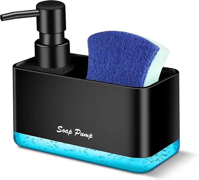 Dish Soap Dispenser with Sponge Holder, 2-in-1 Countertop Small Soap Dispenser for Kitchen and Bathroom, Multi-Scene for Dish Soap, Hand Soap, Lotion, Body Wash (Black)