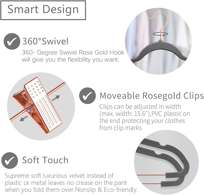 MIZGI Premium Velvet Pants Hangers with Clips (Pack of 20) Slim Skirt Hangers- Non Slip Felt Outfit Dress Hangers Gray - Copper/Rose Gold Hooks,Space Saving Shirt Clothes Hangers