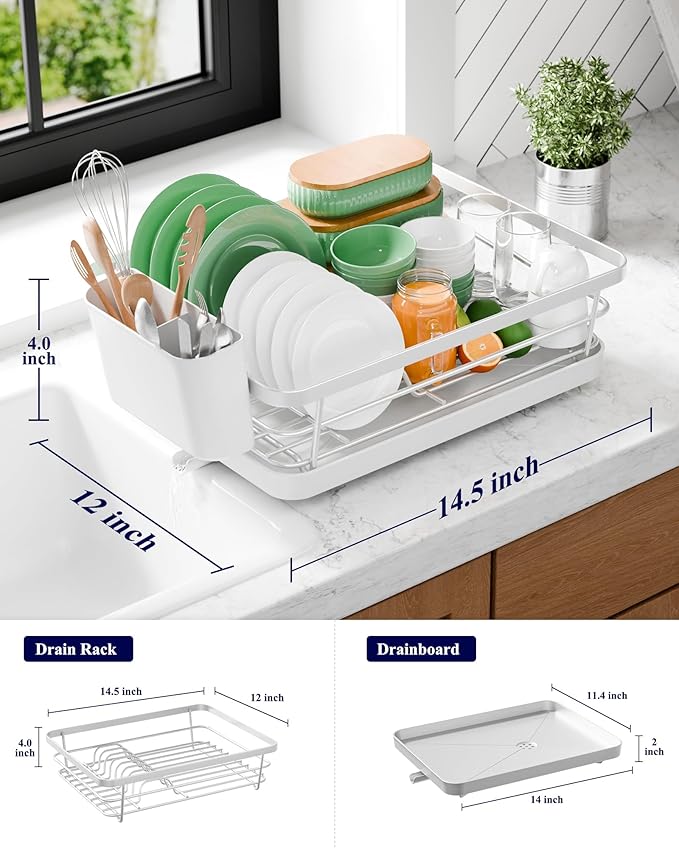 Kitsure Dish Drying Rack - Compact Dish Rack with Utensil Holder & Adjustable Water Outlet, Rust-Proof & Scratch-Resistant Drying Rack for Kitchen, 14.5" x 12.0" x 4.0", Sliver