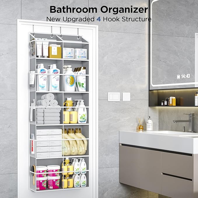 PureSpace 5-Tier Over The Door Organizer with 10 Side Mesh Pockets & Clear Windows, 80 lbs Weight Capacity Hanging Storage for Bathroom, Bedroom, Nursery, Kitchen, Organize Shoes, Diapers(Clear Grey)