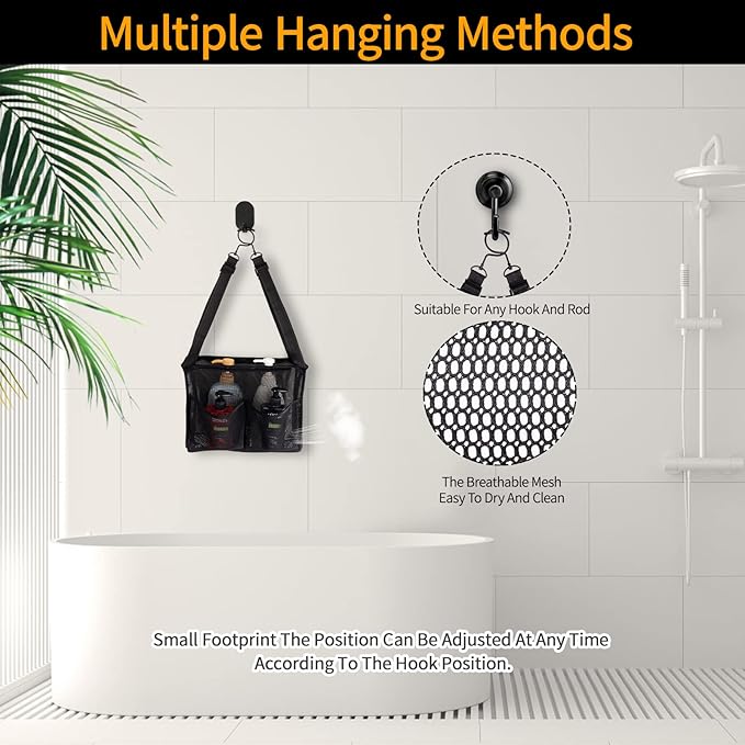 GUMQDD 4 Storage Pockets Adjustable Hanging Mesh Bathroom Bag, Shower Caddy College with Hooks, Applied to College Dorm Rooms, Gym, Swimming and RV Travel (Black)