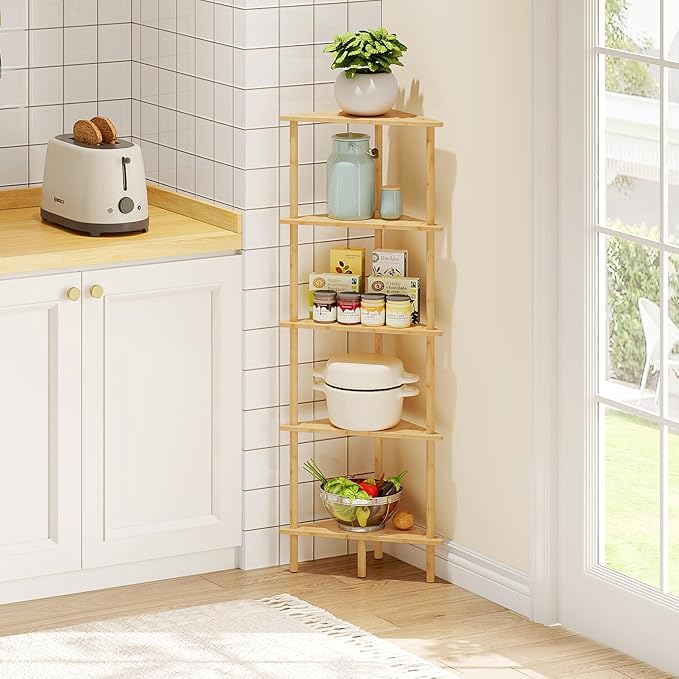HOOBRO Corner Shelf Stand, 5-Tier Bamboo Corner Bookshelf, Plant Display Shelf, Corner Bookcase, Multipurpose Shelving Unit for Small Space, Living Room, Easy Assembly, Natural YL20CJ01