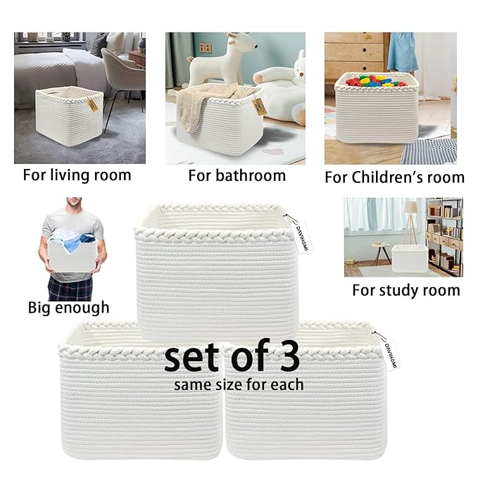 COMFY-HOMI 3Pack Small Woven Cotton Rope Basket for Organizing, Gift Baskets for Handles, Empty Gift Baskets, Medium Rope Basket|13.5" x 11" x 9.5" home decor for Living Room, Bathroom