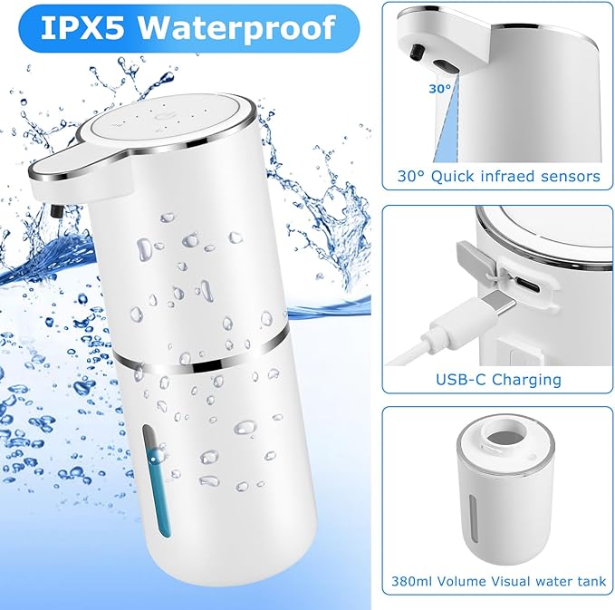Automatic Foaming Soap Dispenser,Touchless Soap Dispenser with 4 Adjustable Foam Levels,Wall Mounted and USB Rechargeable,12.8oz Large Capacity for Bathroom,Kitchen Sink,Dish Soap