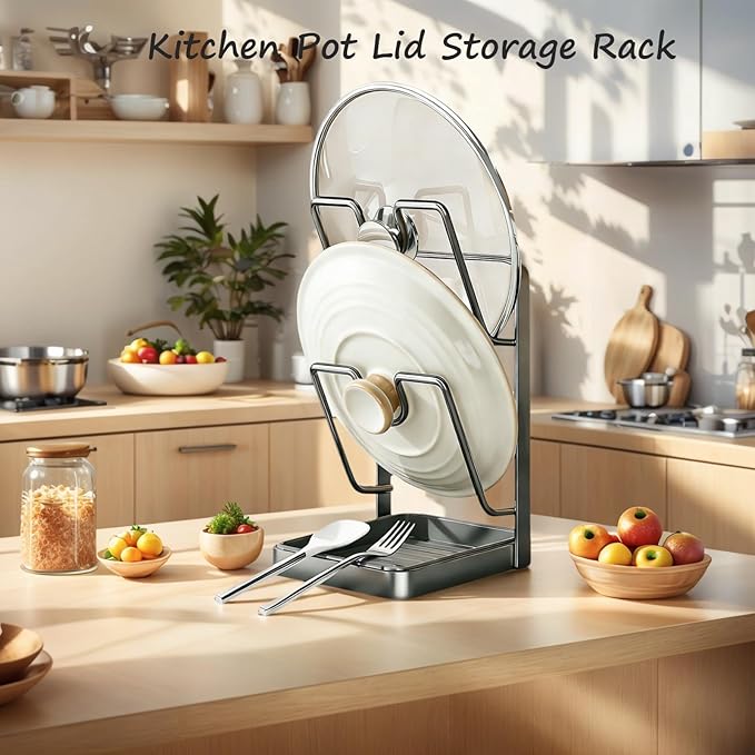 Kitchen Pot Lid Storage Rack, Stainless Steel Pot Lid Holder While Cooking for Countertop, Multifunctional Pots Lids Organizer Rack with Removable Drip Tray for Spatulas, Ladles & Large Lids (Gray2)